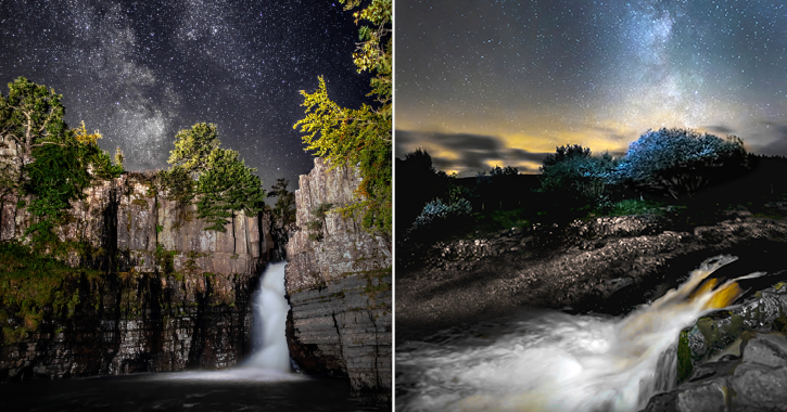 The Milky Way seen over High Force Waterfall (left) and Low Force Waterfall (right)